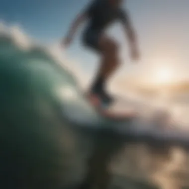 Surfer riding a wave, highlighting the functionality of low top Nike socks.