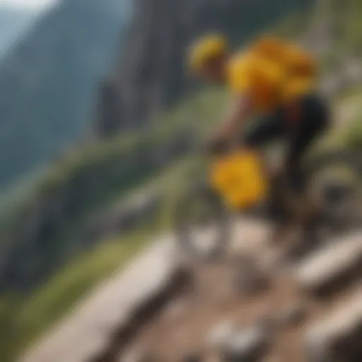 A vibrant yellow bucket hat perched on a rocky cliff during a thrilling mountain biking session