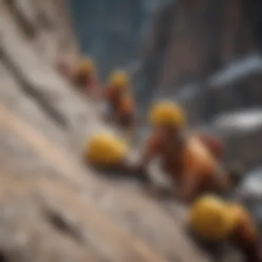 A group of extreme sports enthusiasts wearing yellow bucket hats during an exhilarating rock climbing adventure