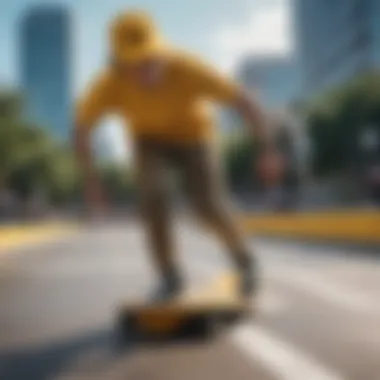 An athlete wearing a yellow bucket hat while skateboarding at a bustling urban skate park