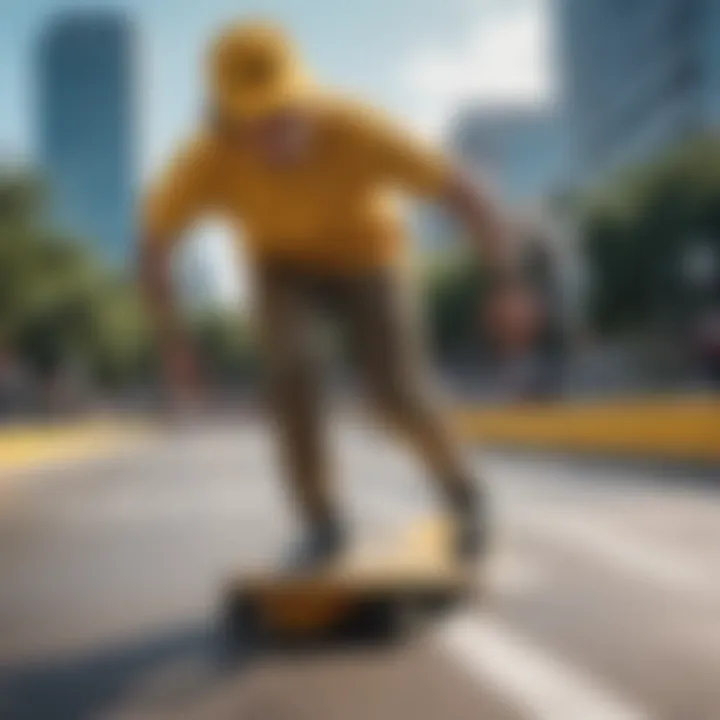 An athlete wearing a yellow bucket hat while skateboarding at a bustling urban skate park