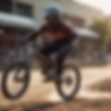 An action shot of a BMX racer in motion during a race