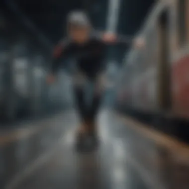 Dynamic train skating action showcasing a skater gripping the train