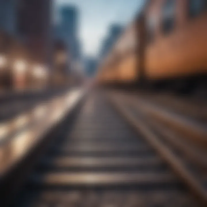 A scenic urban backdrop highlighting train tracks and skateboarding