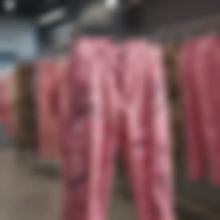 A stylish display of camouflage pink pants on a hanger in a trendy store