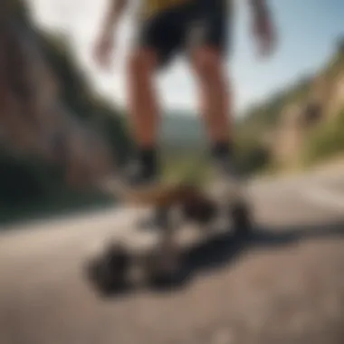 Stylish Trick Performance on a Trippy Longboard Longboarder performing a stylish trick on a scenic hill