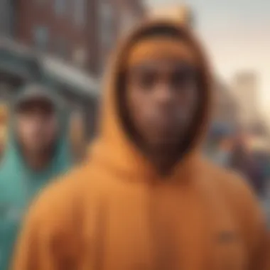 A group of individuals wearing Tyler, The Creator hoodies in an urban setting.