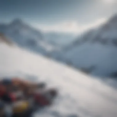 A breathtaking view of an alpine landscape with snowboarders in the distance.