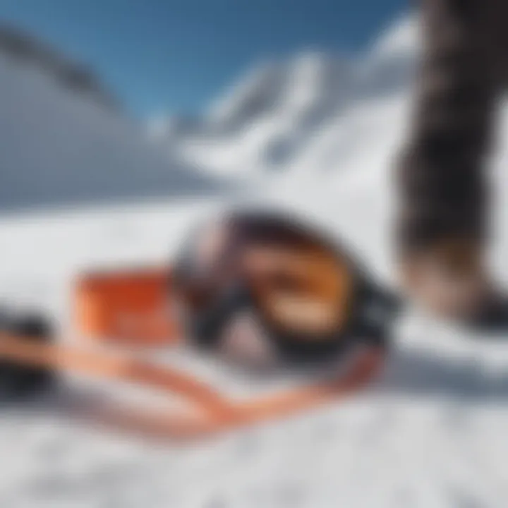 Close-up of essential alpine snowboarding gear laid out on snow.