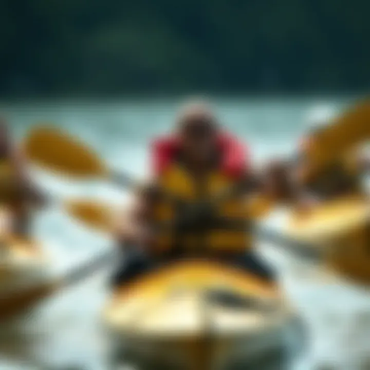 Kayaking with Life Vests Scene showing extreme sports enthusiasts using life vests while kayaking.