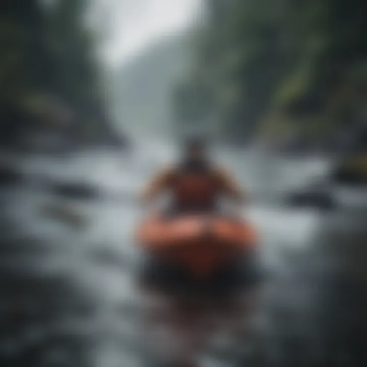 Kayaker paddling through rough waters with rain