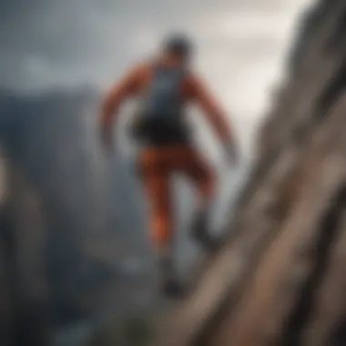 Rock climber facing strong winds on a cliff