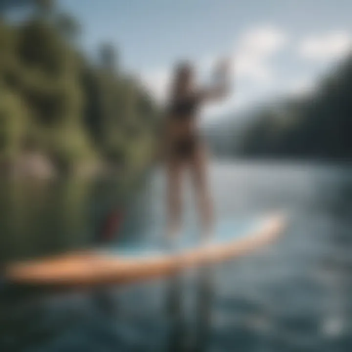 A demonstration of proper paddle boarding techniques on the water.