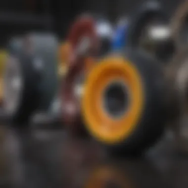 Close-up of skateboard wheels made from various materials