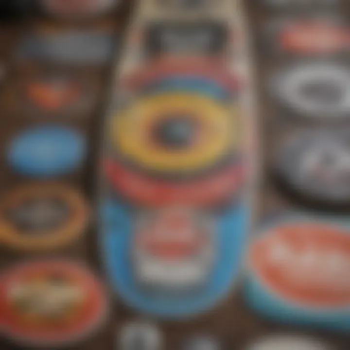 Skate stickers displayed on a skateboard deck