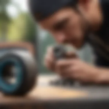 Skateboarder performing maintenance on bearings, highlighting upkeep practices