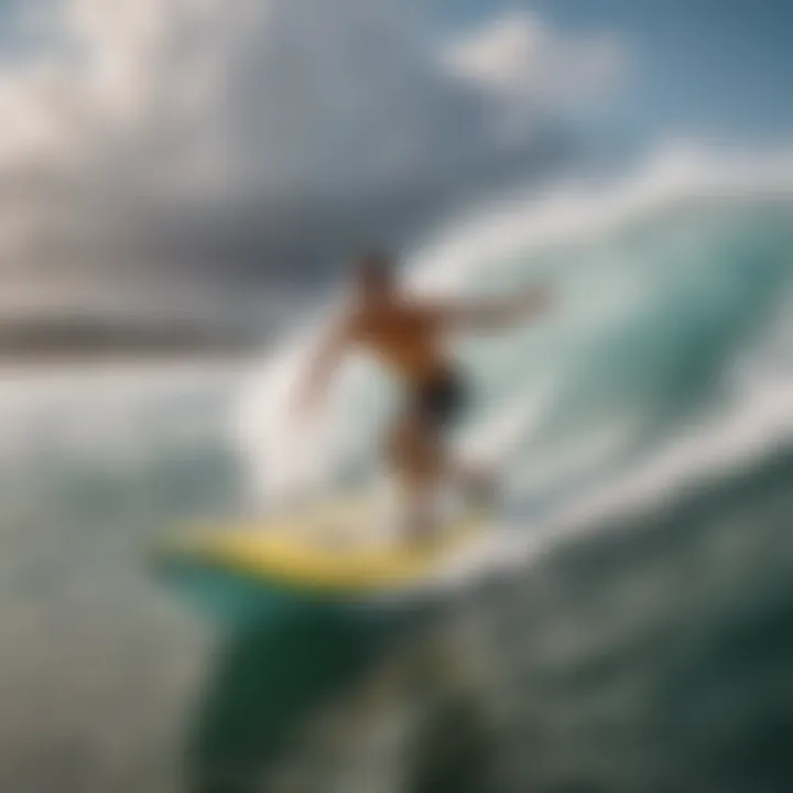 A surfer catching a wave on a soft top fish surfboard, demonstrating its performance