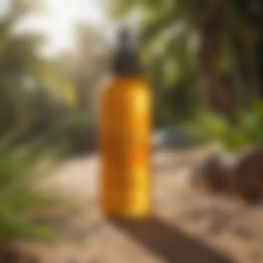 Close-up of Sun Bum Anti Frizz Oil bottle with tropical background