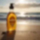 A close-up of Sun Bum oil bottle with surfboard in background