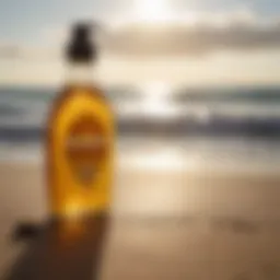 A close-up of Sun Bum oil bottle with surfboard in background