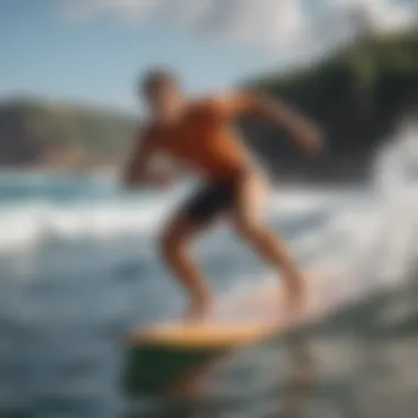 An athlete performing a maneuver on a surfboard with visible pads enhancing grip and control