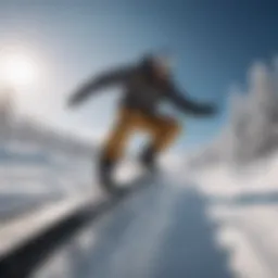 A snowboarder performing a jib on a rail in a snowy landscape.