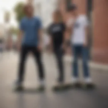 Diverse group of riders testing the Ripndip mini skateboard at an event