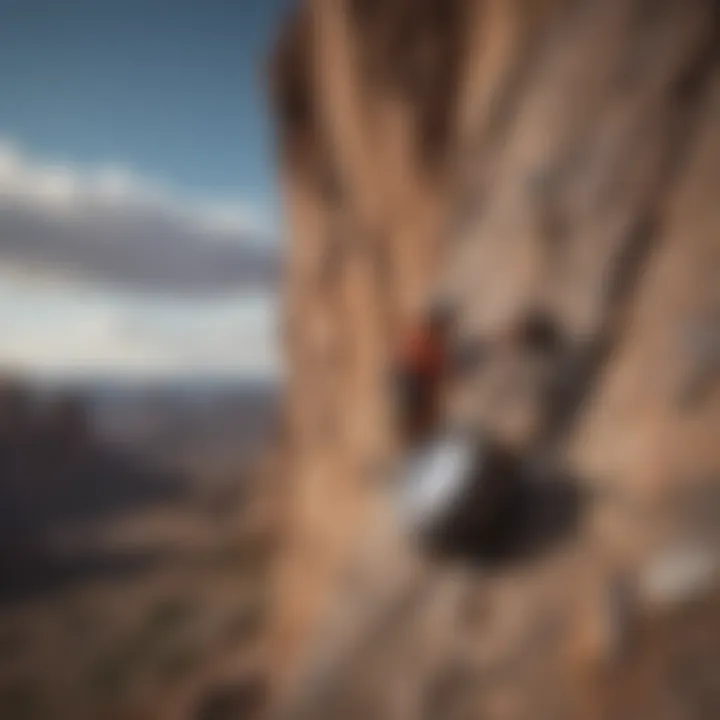 Rock climber checking wind conditions with a portable wind meter