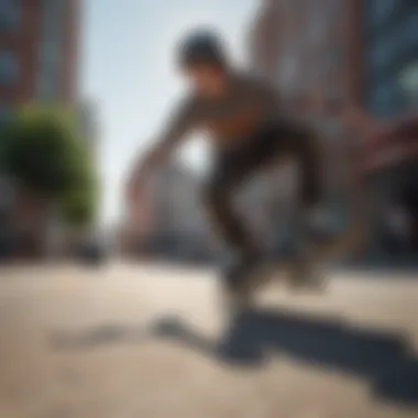 A close-up of skateboarding techniques, focusing on the skateboard and rider's movements.