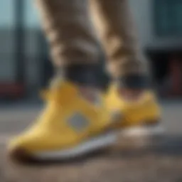 Dynamic action shot of extreme sports enthusiast wearing yellow New Balance shoes