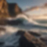 A dramatic view of towering waves crashing against rocky cliffs