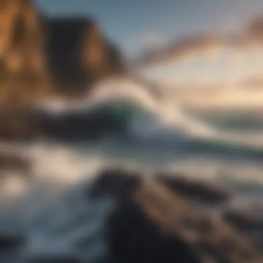 A dramatic view of towering waves crashing against rocky cliffs