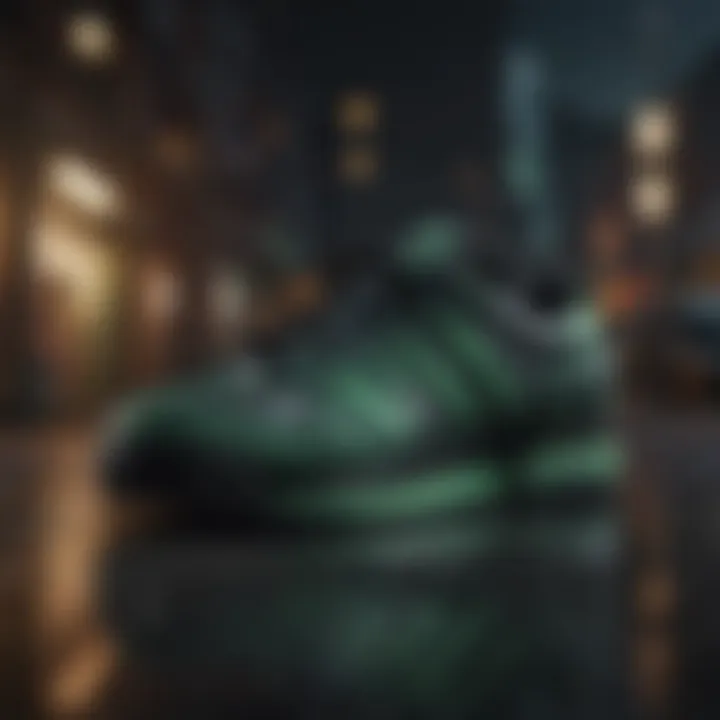 Urban setting featuring black and green Adidas footwear