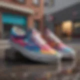 Vans ComfyCush Tie Dye sneakers showcased in a vibrant urban setting