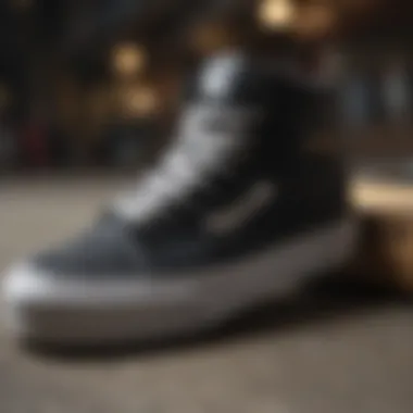 A close-up of Vans Half Cab sneakers on a skateboard