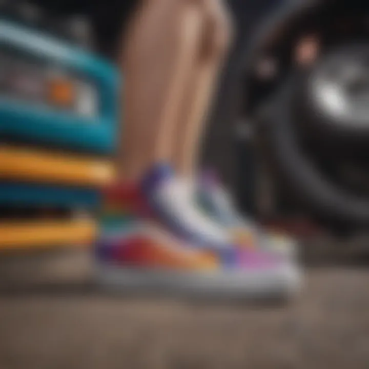 Vans with rainbow soles displayed against a backdrop of adventure gear