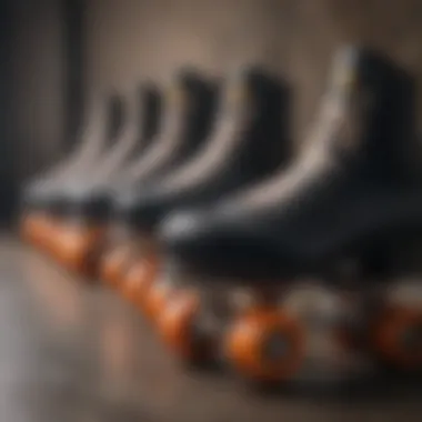 Diverse styles of roller skate shoes displayed in a row