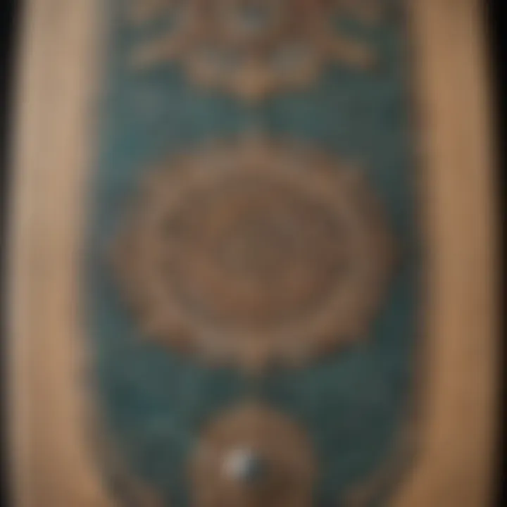 Close-up of a vintage skateboard deck featuring intricate artwork and historical relevance.