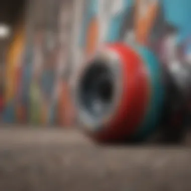 Graffiti Art on Skateboard Deck A close-up of skateboard wheels and deck with graffiti art, symbolizing personal expression.