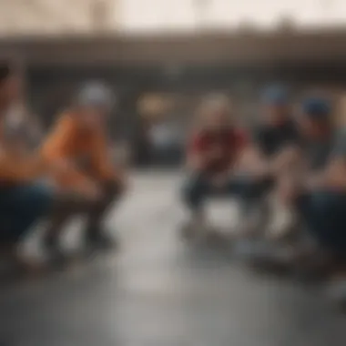 A group of skateboarders sharing tips and laughter, illustrating community bonding.