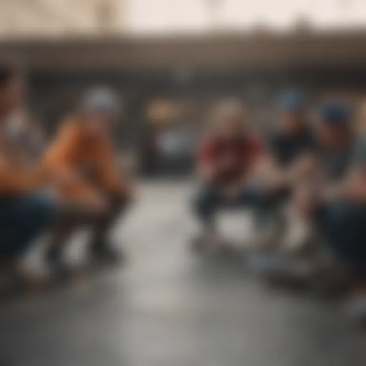 A group of skateboarders sharing tips and laughter, illustrating community bonding.