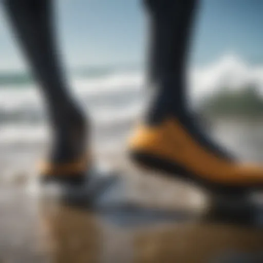 Close-up of wetsuit booties in a surf environment