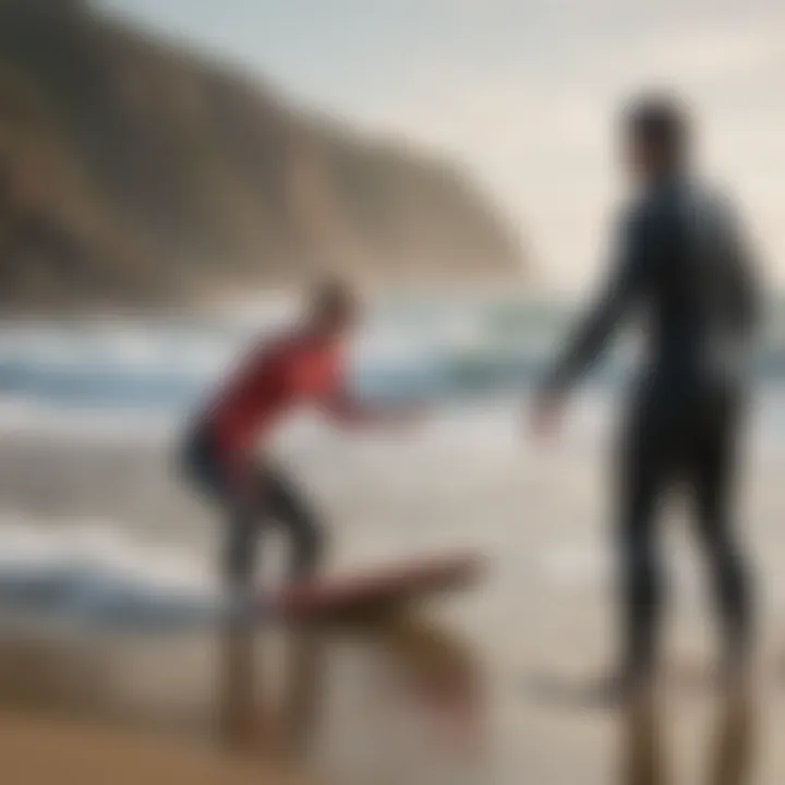 Surf instructor guiding a student