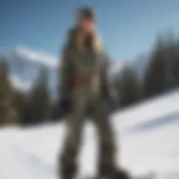 Stylish camo snowboard pants on snowy terrain