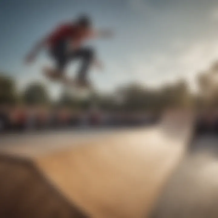 Skateboarder performing tricks on a wooden halfpipe during a competition