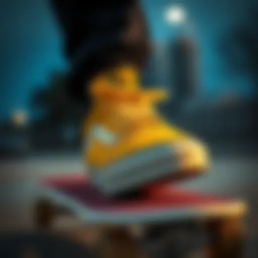 Close-up of yellow Vans skate shoes on a skateboard